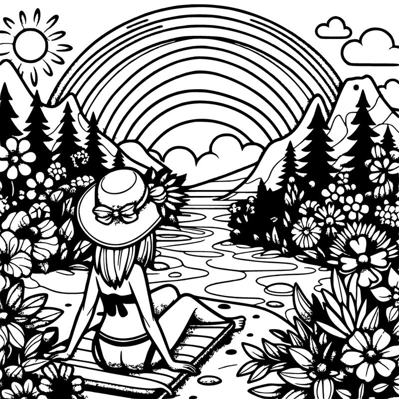 s girl wearing a beach/underwater in the forest/desert with flowers and sees a rainbow on the 4 of july