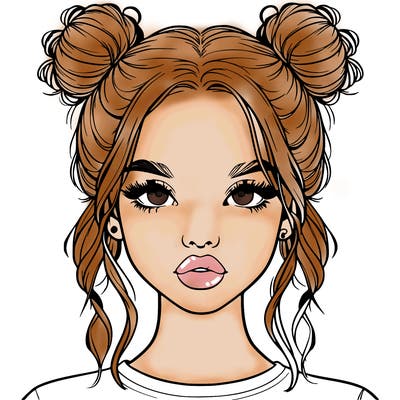 realistic girl with two buns in hair and lips