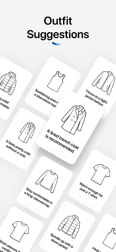 Una colección de tarjetas minimalistas que muestran recomendaciones de ropa como abrigos y camisetas basadas en las condiciones climáticas actuales.