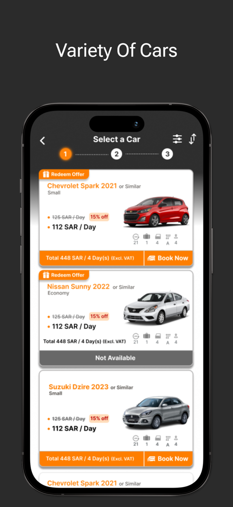 Key Car Rental mobile app screen showing a variety of car models like Chevrolet Spark and Nissan Sunny with daily rental rates and discounts.