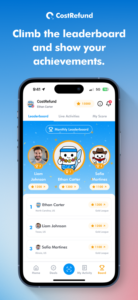 A monthly leaderboard screen in the CostRefund app displaying user savings rankings and achievements.