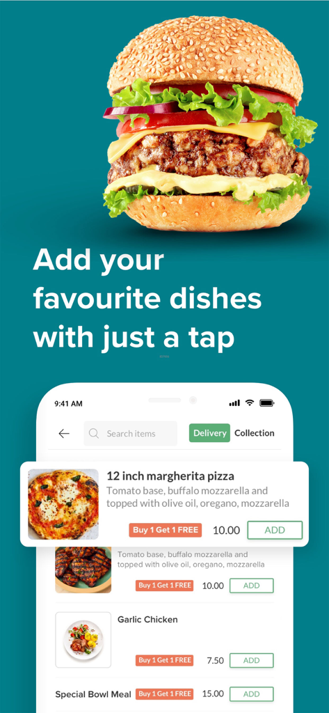 Interfaccia dell'app BigFoodie che mostra un hamburger e articoli del menu con offerte prendi uno paghi uno.