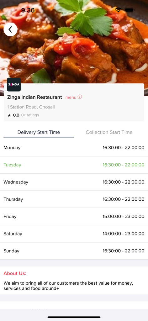 Les heures de début et de fin de livraison pour chaque jour de la semaine sur l'application mobile Zinga Indian Restaurant.