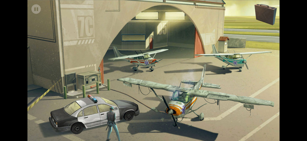 Nobodies: Murder Cleaner - A hand drawn point and click puzzle scene featuring an airfield with small planes and a police car in Nobodies Murder Cleaner