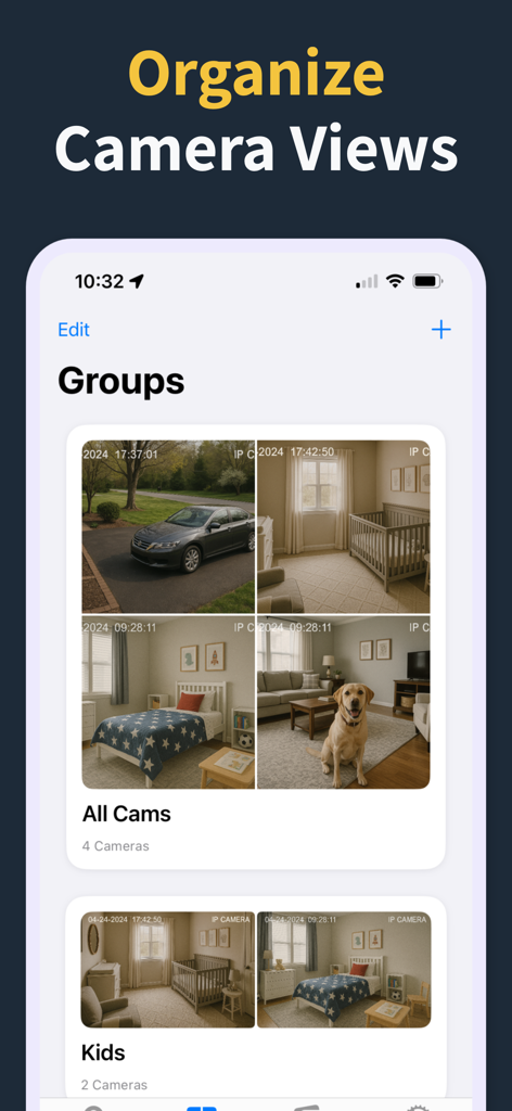 IP Camera Viewer & Monitor - Mobile app screen showing IP camera feeds organized into groups for easy monitoring