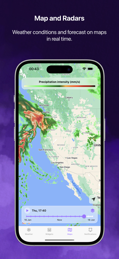 HeyWeather app showing real-time precipitation intensity on a weather radar map