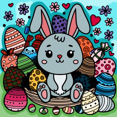 easter bunny surrounded by easter eggs with different patterns, candy, and other spring items