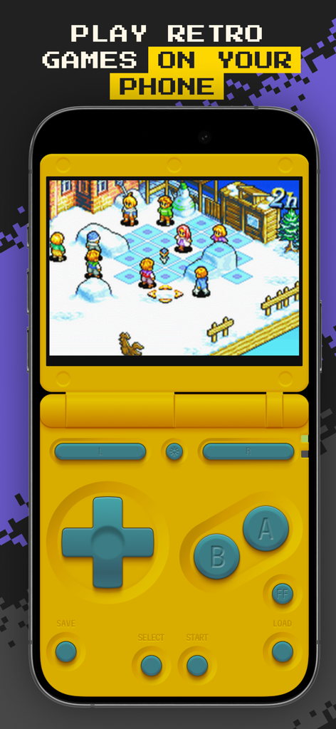 Emu app on iPhone displaying a yellow handheld console skin playing a classic retro game