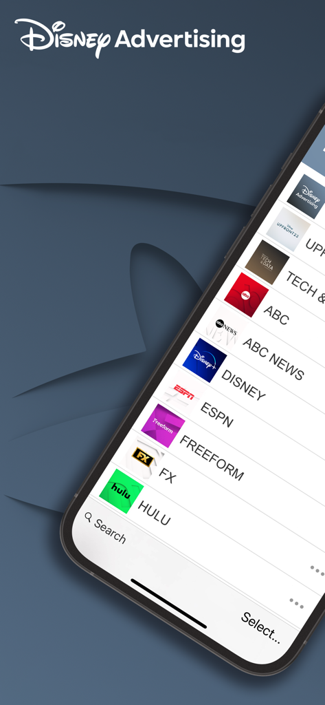 Disney Advertising Sales - A mobile interface of the Disney Advertising Sales app showing a list of networks including ABC, ESPN, and Hulu.