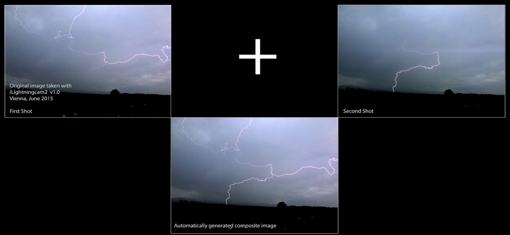 iLightningCam 2 - A demonstration of the iLightningCam 2 app blending two separate lightning strike photos into one composite image.