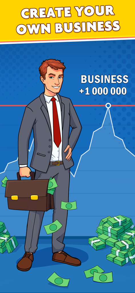 A cartoon businessman in a suit holding a briefcase full of money with a rising stock market graph background