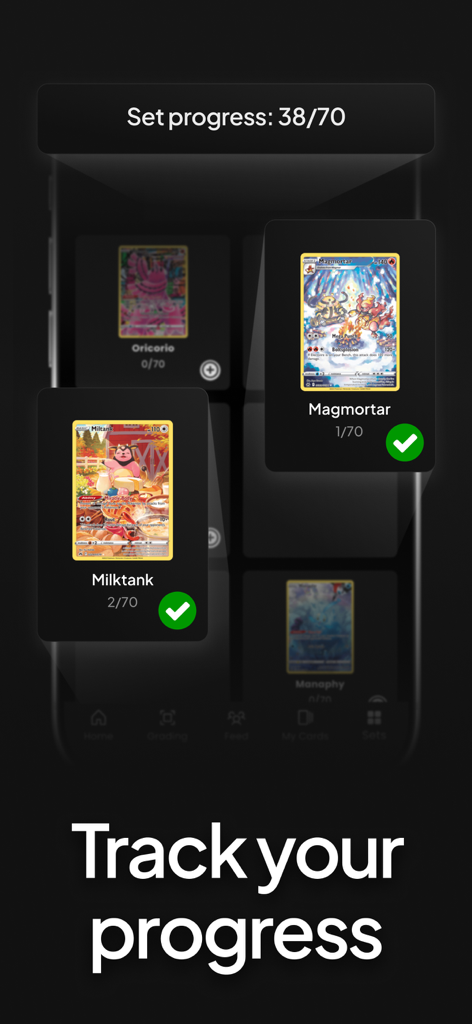 Mobile screen showing a trading card set progress tracker with collected cards marked by green checkmarks