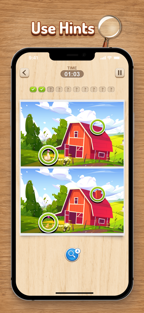 Find the Difference HD - Find the Difference game screen showing a farm scene with circled differences and hints.