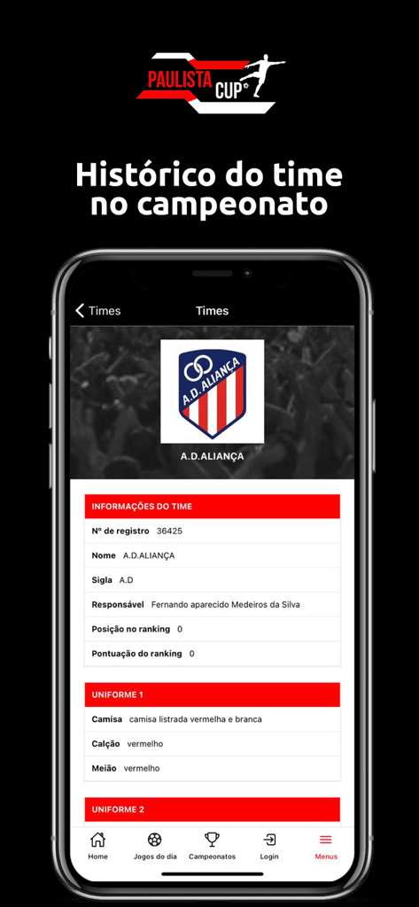 Paulista Cup - Ein Smartphone-Bildschirm zeigt das Profil und die Statistiken des Fußballteams A.D. Aliança in der Paulista Cup-App.