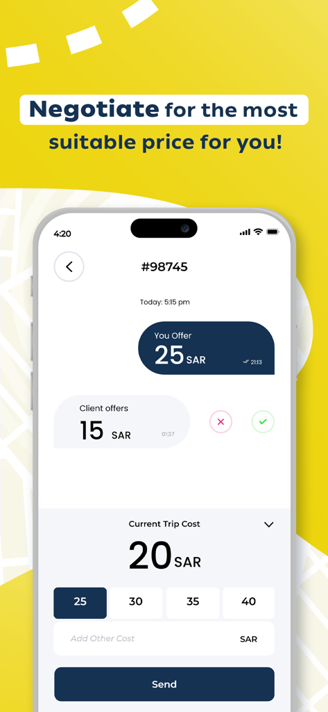 Captain One Driver - A mobile app screen for Captain One Driver showing a price negotiation interface between a driver and a client for a trip fare.
