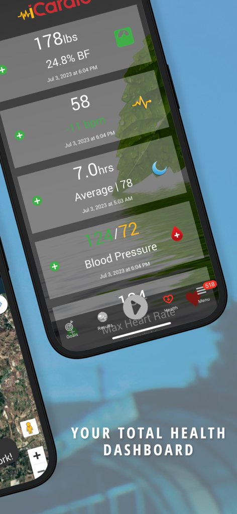 iCardio Workout Tracker - iCardio app total health dashboard showing metrics for weight, resting heart rate, sleep hours, and blood pressure.