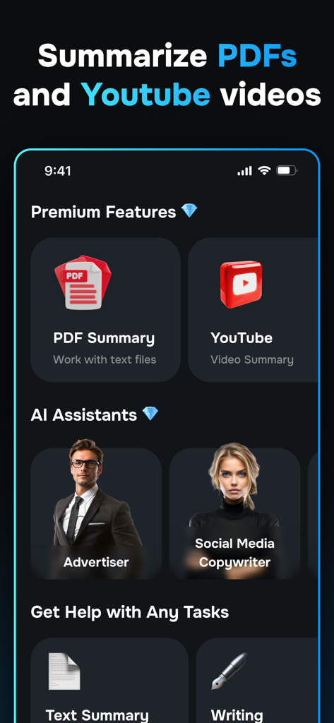 ChatPro - AI Chatbot Assistant - Interface of ChatPro AI app showing PDF and YouTube summarization tools and specialized AI assistants