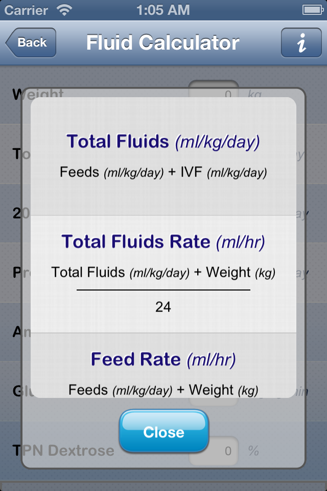 NICU Calculator - NICU Calculator app showing fluid and feed rate formulas for neonatal care