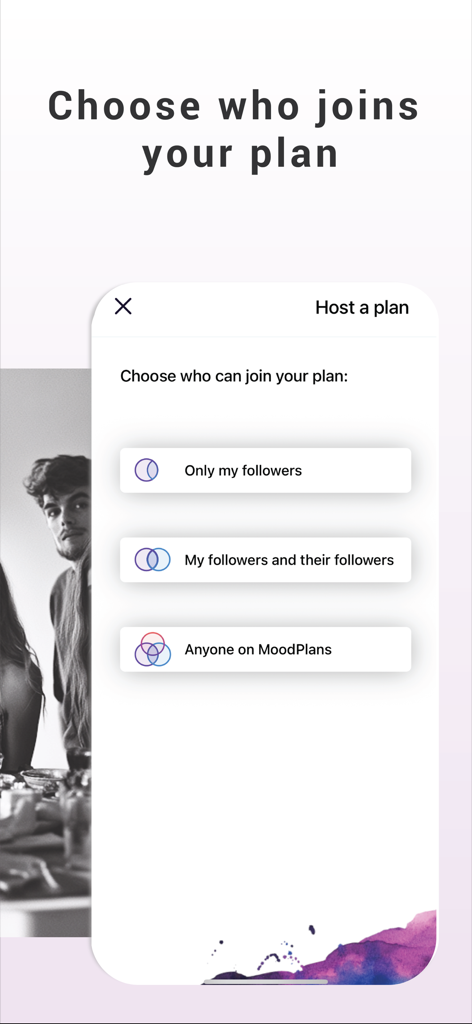 MoodPlans - Tela do aplicativo MoodPlans mostrando opções para escolher quem pode participar de um plano, incluindo seguidores e acesso público.