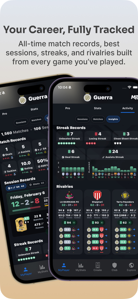 MyPlayer+ - MyPlayer plus App Dashboard mit Karriererekorden und Clubrivalitäten