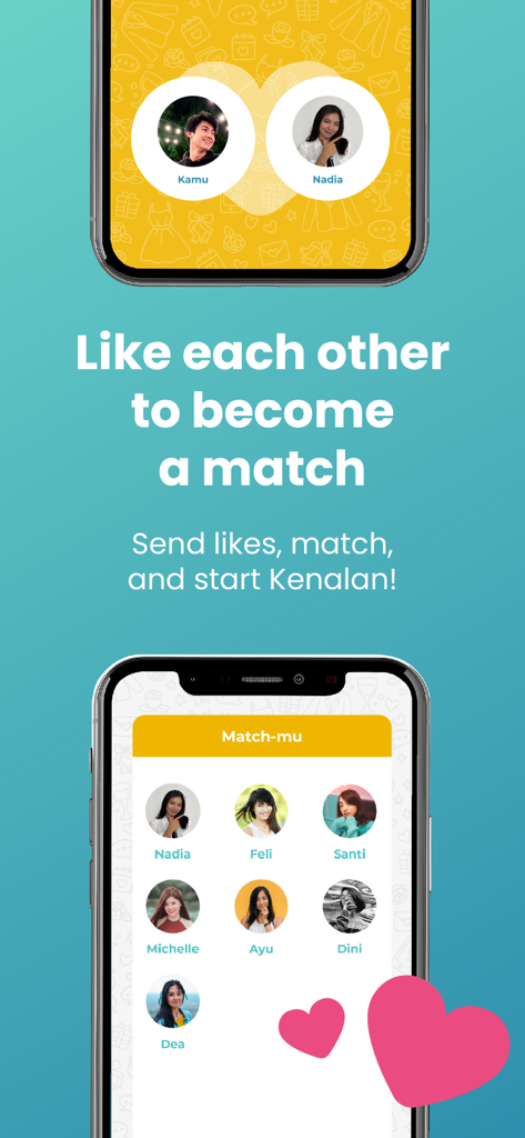 Kenalan.app - Kenalan dating app interface showing a mutual match notification and a list of matches