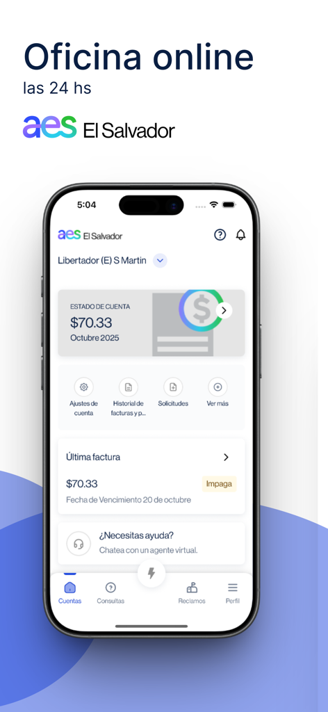 Panel de control de la aplicación AES Móvil para la gestión de servicios públicos de El Salvador que muestra el saldo de la cuenta y el estado del pago