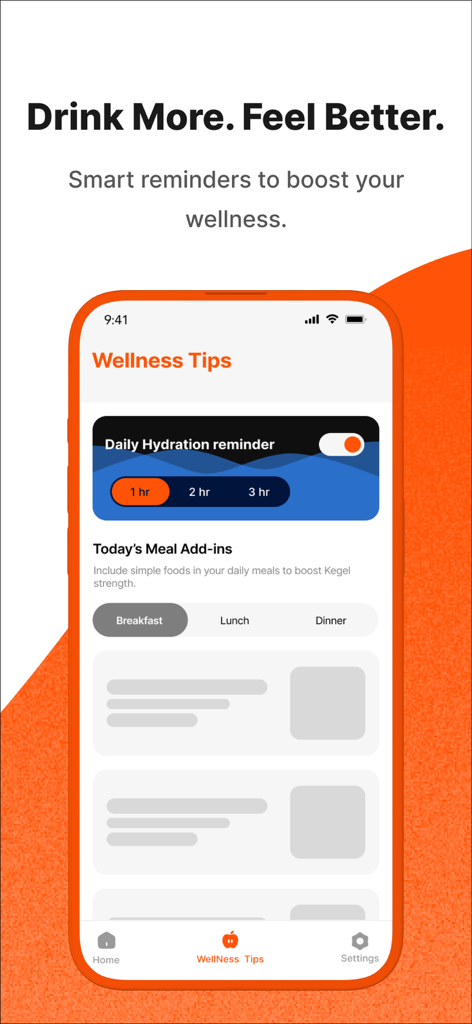 PelviX – Men’s Kegel & Health - PelviX App-Bildschirm mit Wellness-Tipps, einer Hydrationserinnerung und Mahlzeiten-Zusätzen für die Beckengesundheit.