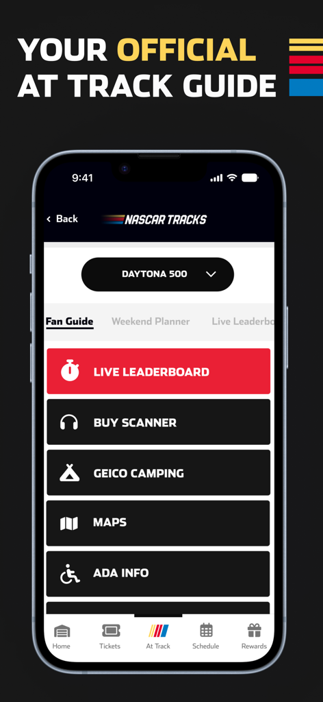 NASCAR Tracks - NASCAR Tracks app showing the Fan Guide for the Daytona 500 with menu options for live leaderboard and track maps