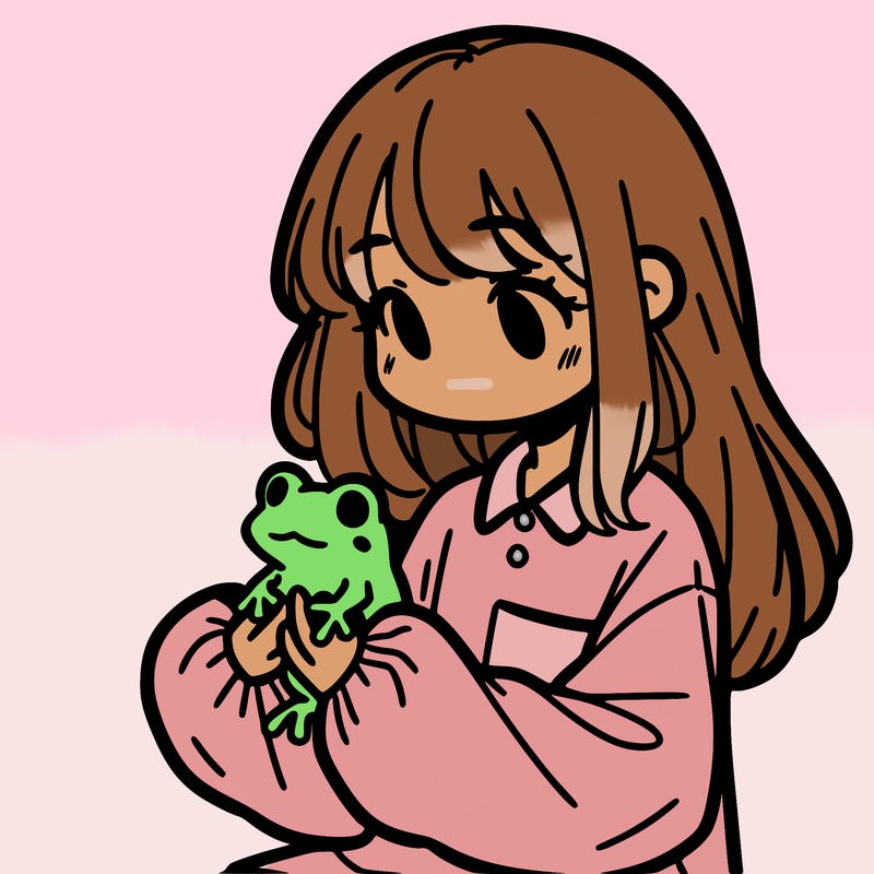 girl with long hair and a oversized shirt. and she is holding a frog