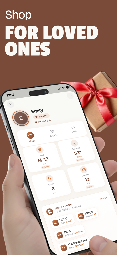 Adorna - Pantalla de la aplicación Adorna que muestra tallas de ropa y marcas preferidas para regalos.