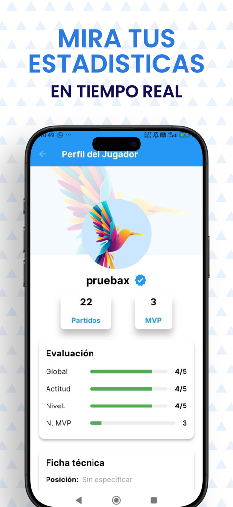 A mobile app screen showing a soccer player profile with real-time statistics and performance evaluations.