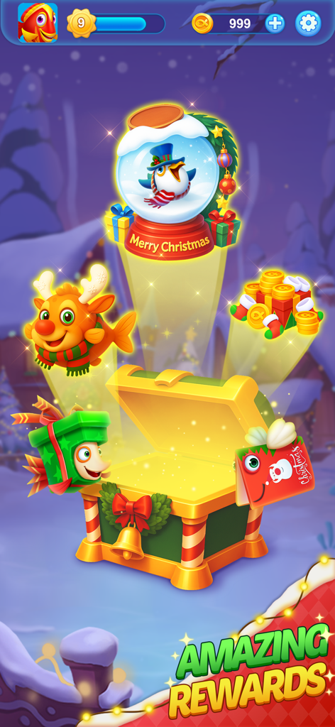 Solitaire 3D Fish - Baú de recompensas temático de Natal no jogo Solitaire 3D Fish, apresentando um globo de neve de pinguim e peixe rena.