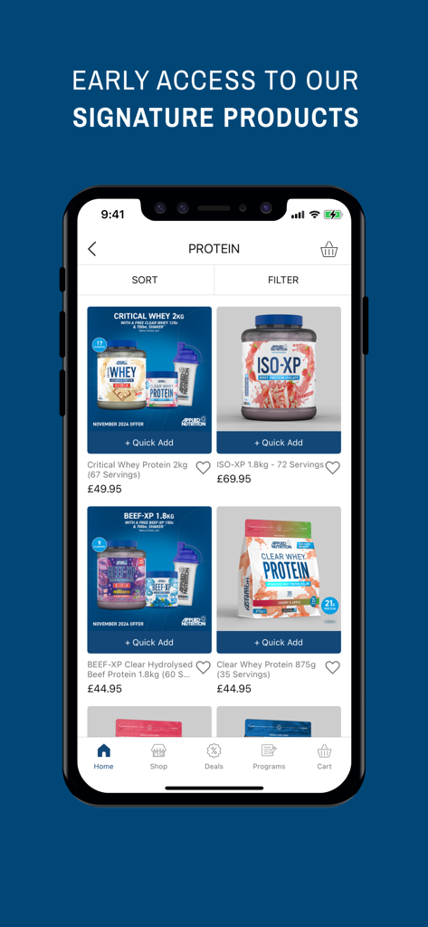 Tela do aplicativo móvel Applied Nutrition mostrando uma variedade de suplementos de proteína com preços e um recurso de adição rápida