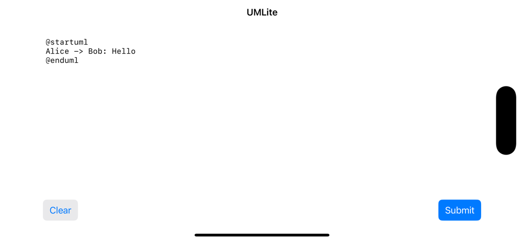 UMLite - Editor minimalista de texto a diagrama en la aplicación UMLite que muestra código PlantUML para un diagrama de secuencia simple