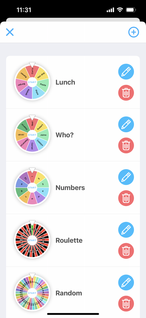 Screenshot of the Wheel+ app showing a list of saved custom wheels for lunch choices names and numbers