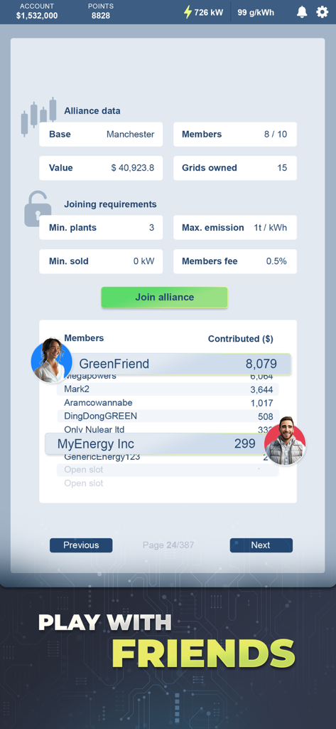 Energy Manager - 2025 - Energy Manager 2025 Benutzeroberfläche, die Alliance-Daten, Beitrittsanforderungen und Mitgliederbeiträge anzeigt