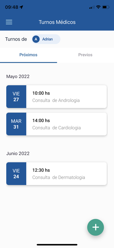 Sanatorios de la Trinidad - Pantalla móvil de la app Sanatorios de la Trinidad que muestra una lista de turnos médicos programados para un usuario