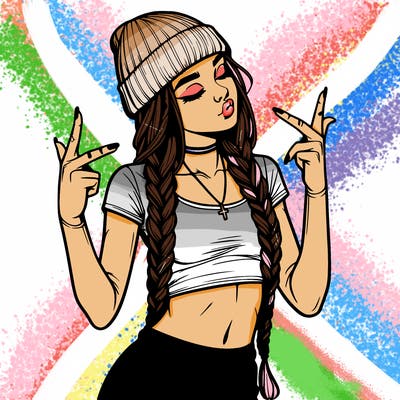 realistic teenage girl with braids and a beanie and crop top doing 🫶🏼