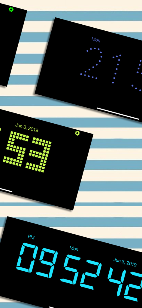 Standby Clock - on Lock Screen - Showcase of different digital clock font styles and colors available in the Standby Clock app