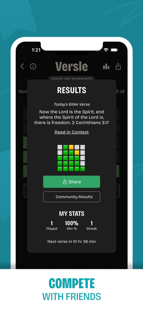 Versle app results screen displaying today's Bible verse and player game statistics.