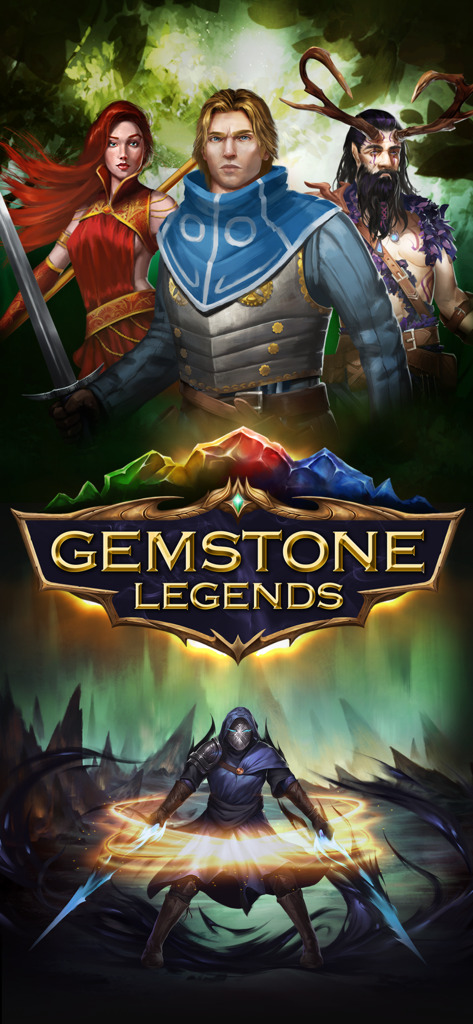Épicos héroes de alta fantasía y un mago lanzando hechizos en Gemstone Legends