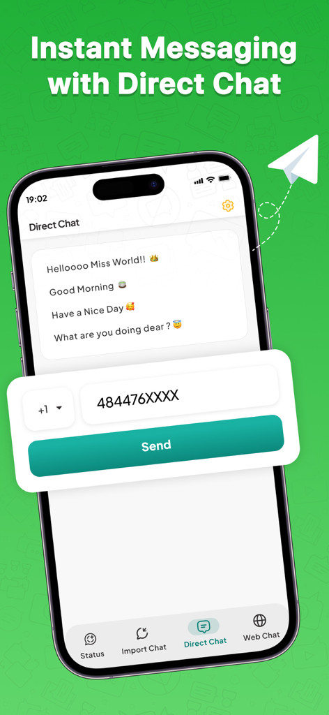 Une capture d'écran de l'application Status Saver WT mettant en évidence la fonctionnalité de chat direct pour envoyer des messages sans enregistrer de numéros de téléphone dans les contacts.