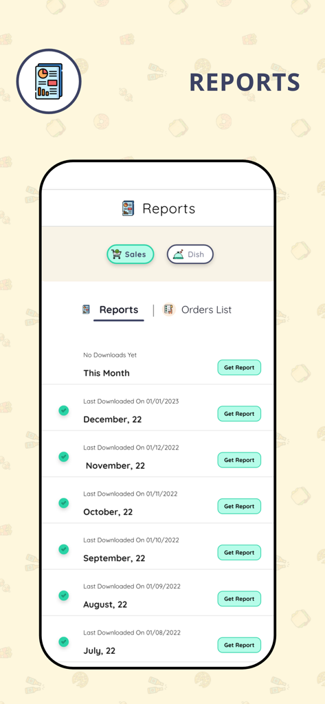 Mobile dashboard showing monthly restaurant performance reports and sales analytics