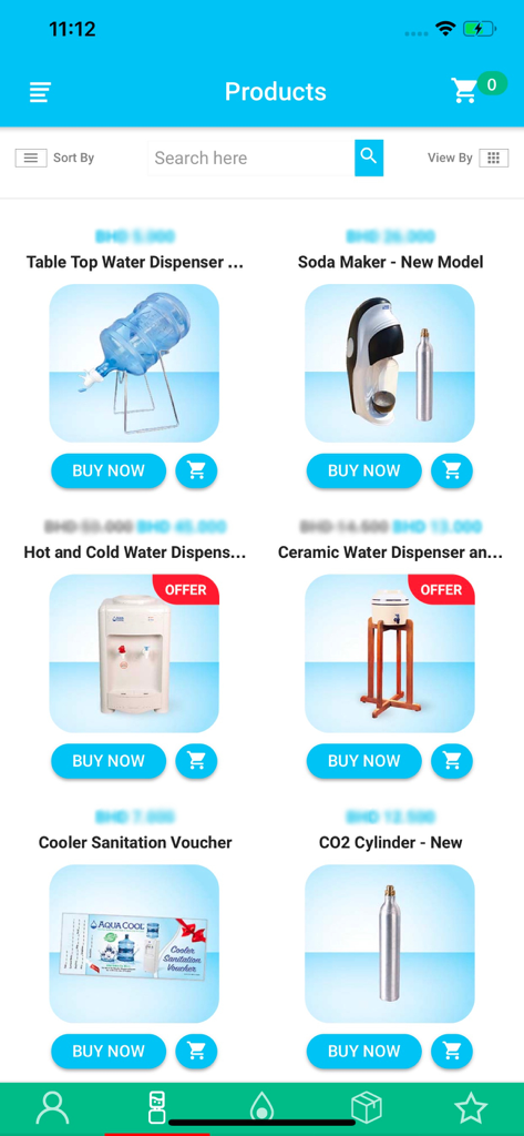 Aqua Cool - Pantalla de productos de la aplicación móvil Aqua Cool que presenta dispensadores de agua y accesorios para la compra.