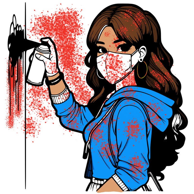 realistic girl with mask spray painting a wall