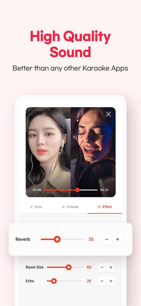 SOMESING with K-pop - Interface of the SOMESING app showing a split-screen duet and professional sound effect controls for reverb and echo