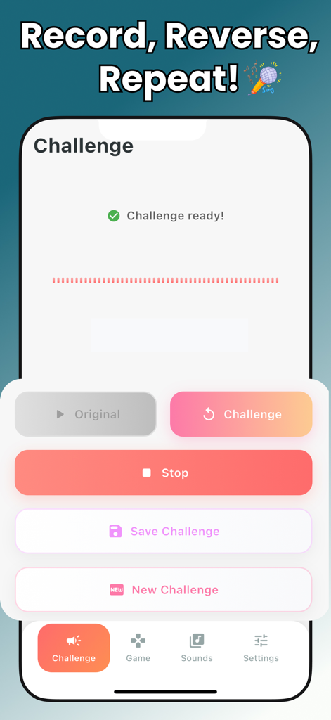 La interfaz principal del desafío de la aplicación Dilo al Revés con botones para reproducir grabaciones de audio originales o invertidas.