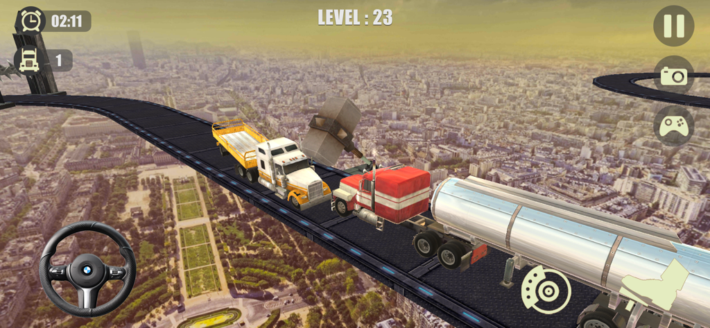 Heavy Truck Impossible Tracks - Heavy trucks driving on a narrow elevated track high above a city with a giant hammer obstacle