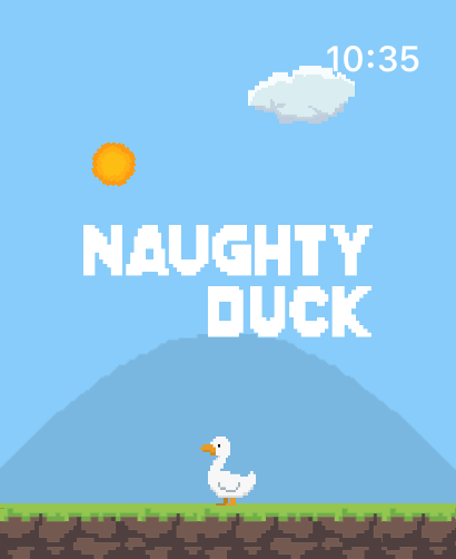 Pixel art title screen of Naughty Duck game featuring a white duck under a blue sky and sun