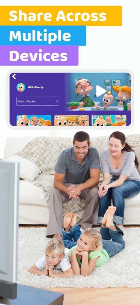Interfaz de KidsBeeTV en una tableta y una familia viendo la aplicación juntos en una pantalla de televisión.